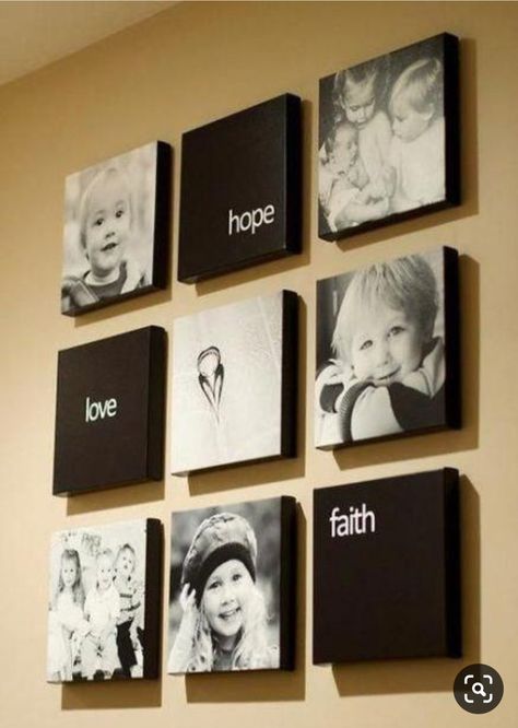 Photo Wall Collage Canvas, Photo Wall Collage Black And White, Office Collage Wall, Canvas Picture Wall Ideas, Family Collage Wall Ideas, Photo Wall Collage Bedroom, Family Wall Collage, Wall Collage Ideas, Family Photos Wall Decor