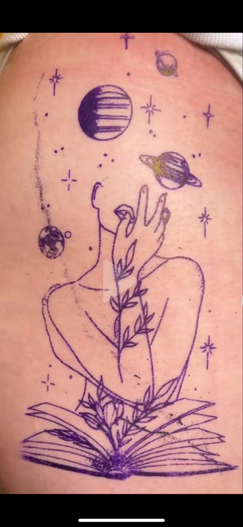 Woman Side Hip Tattoo, Space Girl Tattoo, Simple Thigh Tattoos Women, Side Thigh Tattoos Women, Empowerment Tattoo, Space Tattoo Sleeve, Side Hip Tattoos, Astronomy Tattoo, Cosmic Tattoo