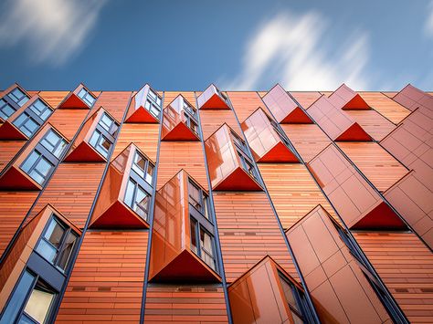 Novotel triangular bay windows  ::  photo by Ray Bay Window Exterior, Wood Facade, Commercial And Office Architecture, Modern House Facades, Window Privacy, Modern Buildings, Built Environment, Facade House, Residential Building