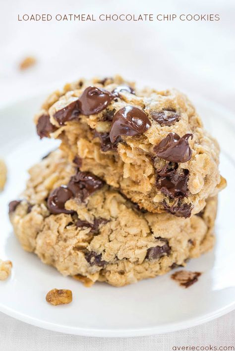 Loaded Oatmeal Chocolate Chip Cookies Loaded Oatmeal, Coconut Chocolate Chip Cookies, Averie Cooks, Cookies Soft, White Choc, Oatmeal Cookies Chewy, Soft Chocolate Chip Cookies, Coconut Chocolate, Oatmeal Chocolate Chip