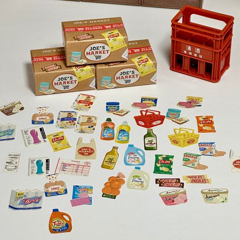 Miniature Shipping Box Flake Sticker Set - Grocery Store – Saiko Stationery Snail Mail Stickers, Sticker Set Packaging, Grocery Stickers, Sticker Board, Tiny Stickers, Sticker Packaging, Holographic Film, Stationery Cute, Sticker Box