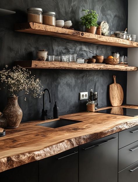 Facebook Rustic Shelves Kitchen, Wooden Countertops Kitchen, Mountain House Design, Diy Wood Countertops, Kitchen Natural, Farmhouse Kitchen Inspiration, Wooden Countertops, Craftsman Kitchen, Black Kitchen Cabinets