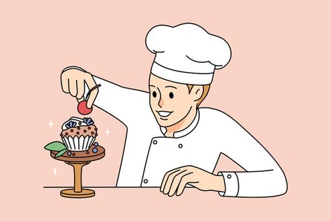 Happy Career, Baking Drawing, Drawing Man, Decorate Cake, Desserts Drawing, Plate Drawing, Cartoon Chef, Person Illustration, Cupcake Drawing