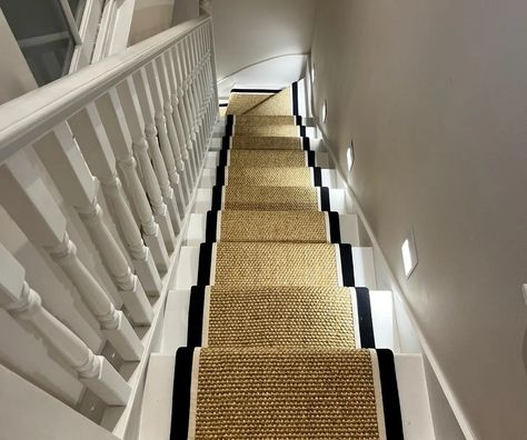 What Are Staircase Carpet Runners? - Sisal & Seagrass Seagrass Runner On Stairs, Jute Stair Carpet, Sisal Carpet Hallway, Stair Tread Rugs Sisal, Dark Sisal Carpet, Staircase Carpet, Staircase Carpet Runner, Seagrass Carpet, Hall Stairs