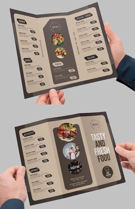 Creative Menu Card Design, Good Menu Design, Tri Fold Menu Design, Brochure Menu Design, Food Brochure Design Creative, Menu Brochure Design, Creative Menu Design, Brochure Restaurant, Tri Fold Brochure Design