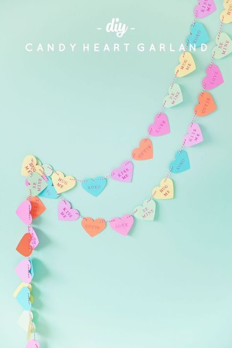 DIY conversation hearts paper garland / cute valentines decor Valentine Dance, Valentines Dance, Sister Ideas, Make This, Valentine Garland, Pastel Bedroom, Heart Craft, Secret Sister, February Crafts