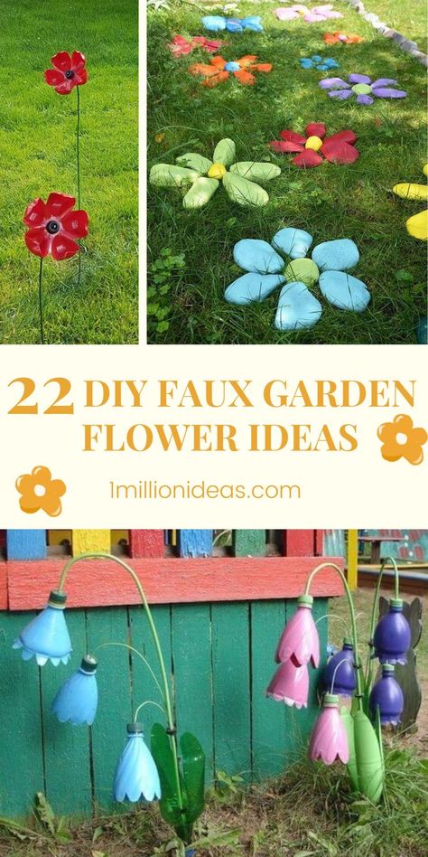 Diy Outdoor Flowers, School Allotment Ideas, Garden Decor Diy Recycle Craft Ideas, Yard Art Diy Garden Projects, Tin Can Garden Ideas, Garden Flower Ideas, Recycle Things, Faux Garden, Fun Garden Art