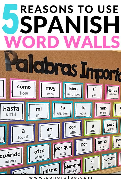 Spanish Word Wall Bulletin Board with High Frequency Words Spanish Word Wall Classroom, Spanish Sound Wall, Elementary Spanish Classroom Decor, Spanish Classroom Door Ideas, Word Wall Ideas, Spanish Sight Words, Middle School Spanish Lessons, Bilingual Classroom Decor, Spanish Teacher Classroom