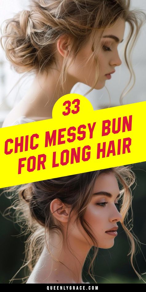 Transform your long locks into stunning messy buns with 33 easy-to-follow tutorials. These effortless updos combine style and practicality, perfect for any occasion. Learn how to create voluminous, textured buns that enhance your natural beauty. Master the art of casual chic with these versatile long-hair messy bun ideas. Quick And Easy Buns For Long Hair, Messy Hairdos For Long Hair, Messy Up Do, Easy Messy Buns For Long Hair, Bun Styles For Long Hair, How To Style Long Hair, Messy Buns For Long Hair, Messy Updos For Long Hair, Long Hair Buns