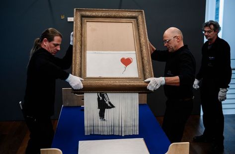 Banksy’s Shredded ‘Girl with Balloon’ Returns to Sotheby’s | Barron's Girl With Balloon, Banksy Artwork, Banksy Paintings, Its A Girl Balloons, Most Famous Artists, Iconic Artwork, Large Stencils, Famous Paintings, Boys Playing