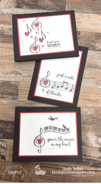 Forget about your Trebles greeting card. Super cute & quick to make! Watch the video at www.klompenstampers.com #greetingcards #handmadecards #cardmaking #diycards #cardswithmusic #musicthemecards #klompenstampers #jackiebolhuis #stampinup #cardmakingtutorials #musicfromtheheart Stampin Up Music Cards, Red Whisper, Musical Greeting Cards, Music Cards, Card Making Ideas Easy, Musical Cards, Greeting Card Making, Stampin Blends, Simplify Life