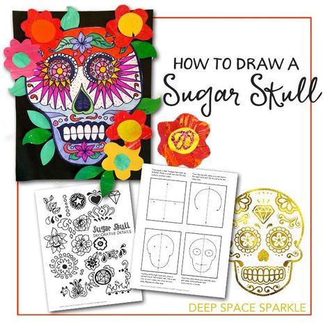 How to draw a sugar skull free handout Art Handouts, Deep Space Sparkle, Den Mrtvých, Fall Art Projects, Day Of The Dead Art, 6th Grade Art, 3rd Grade Art, Art Worksheets, Drawing Guide