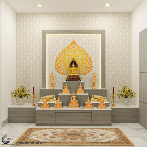 Buhdda Prayer room Design Prayer Room Design, Buddha Room Design, Pooja Units, Temple At Home, Buddha Room, Meditation Alter, Buddha Altar, Temple Ideas, Modern Cupboard