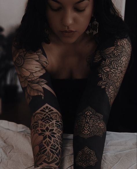 Geometric Tattoo Female, White Over Black Tattoo, Female Sleeve Tattoo Ideas, Female Sleeve Tattoo, Negative Tattoo, Arm Cover Up Tattoos, Geometric Tattoo Sleeve Designs, Butterfly Tattoos On Arm, Black Tattoo Cover Up