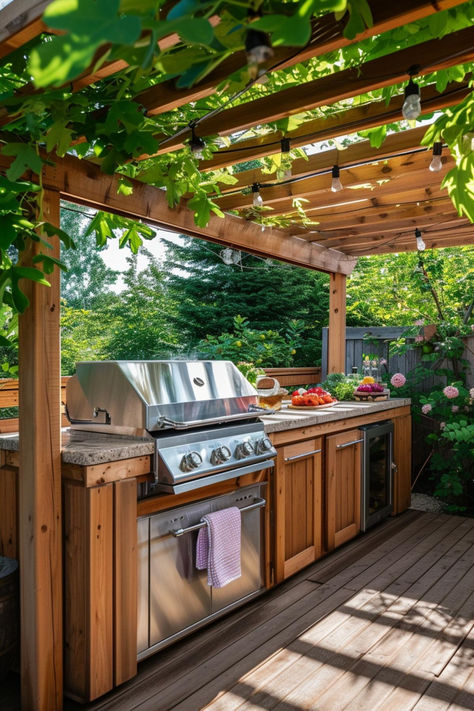 30+ Rustic Outdoor Kitchen Designs for Quaint Outdoor Cooking Backyard Kitchen With Pergola, Home Made Outdoor Kitchen, Outdoor Cedar Kitchen, Grill In Garden, Barbecue Patio Ideas, Tropical Outdoor Kitchen Ideas, Outdoor Kitchen Pergola Backyard Patio, Outdoor Kitchen Rustic Wood, No Kitchen Cooking