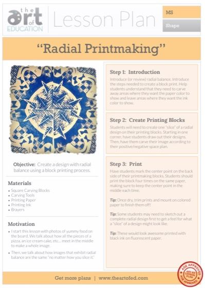 Radial Printmaking: Free Lesson Plan Download Radial Printmaking Lesson, Radial Printmaking, Radial Balance, Art Lesson Plan, Intro To Art, Printmaking Ideas, Printmaking Projects, Radial Design, High School Art Lessons