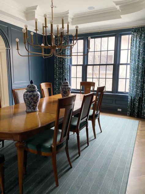 'Hague Blue' dining room by Cindy McKay Blue Dining Room Paint, Blue Dinning Room, Dark Blue Dining Room, Perfect White Paint, Dining Room Navy, Dining Room Wall Color, Kitchen Breakfast Bar, Dark Dining Room, Dining Room Paint Colors