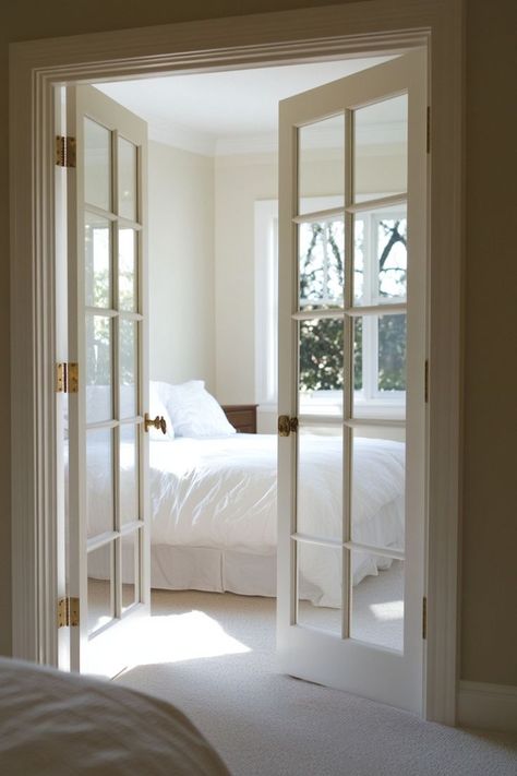 Add a touch of elegance to your bedroom with classic French doors for your closet. These beautiful doors enhance the room’s sophistication while providing easy access. 🚪🌿✨ #FrenchDoors #ElegantLiving #BedroomDesign #ElevatedCloset French Doors In Bedroom To Outside, Types Of French Doors, French Sliding Door Interior, French Doors For Bedroom, Bathroom With French Doors, Double Doors To Bedroom, Inside French Doors, Double Bedroom Doors, French Doors Bedroom Master Suite