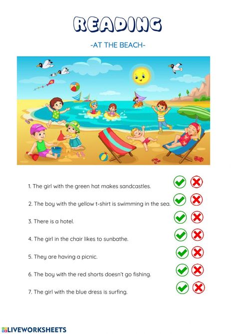 At the beach - Interactive worksheet At The Beach Worksheet, Beach Worksheet, Beach Vocabulary, English Conversation For Kids, 2nd Grade Reading Worksheets, Picture Comprehension, Early Intervention Speech Therapy, Grammar For Kids, Picture Composition