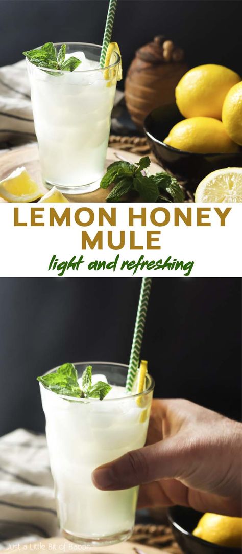 For a light and refreshing summer cocktail add lemon and honey to the traditional ginger and vodka mule. You'll love this simple and easy recipe! | justalittlebitofbacon.com Lemon Vodka Drinks, Lemon Cocktail Recipes, Alcoholic Drinks Vodka, Ginger Cocktail Recipes, Vodka Mule, Honey And Lemon Drink, Honey Cocktail, Ginger Beer Cocktail, Ginger Cocktails