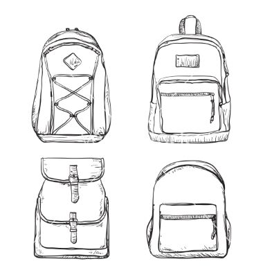 Set of different types backpacks vector Cute Bag Drawing, Backpack Drawing Easy, Backpack Drawing Ideas, How To Draw Bag, Person Wearing Backpack Drawing Reference, Bookbag Drawing, How To Draw A Backpack, Backpack Drawing Reference, Clothes Sketches Design Ideas