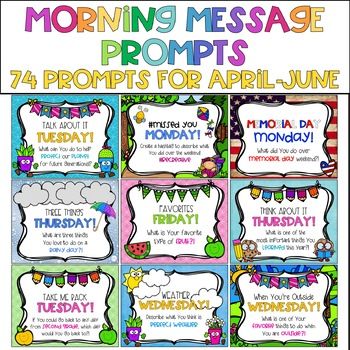 This product contains 74 daily morning message prompts for April, May, and June to build and sustain a kind, caring, and respectful classroom community. 74 bright and colorful prompts can be projected on the SMARTboard or projector for students to see as they enter the classroom. Students can use th... Morning Prompts, Whiteboard Prompts, Morning Meeting Activities, Meeting Activities, Responsive Classroom, Morning Message, First Thing In The Morning, 3rd Grade Classroom, Virtual School