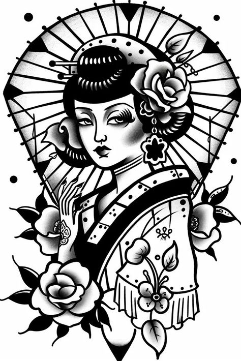 Tattoo idea: tattoo sketch symbolic A geisha with a kimono that dep 1 Japanese Geisha Tattoo Traditional, Japanese Tattoo Designs Geisha, Japanese Tattoo Art Geisha, Japanese Geisha Tattoo, Deco Tattoo, Art Geisha, Japanese Art Deco, Art Deco Tattoo, Idea Tattoo