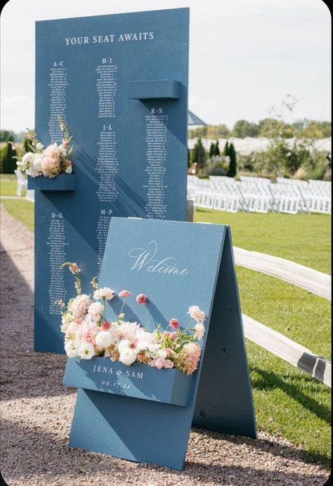 Custom Wedding Signage, Venue Checklist, Blue Welcome Sign, Mum Flowers, Candy Wall, Sign Inspiration, Garden Mum, Wedding Sign Decor, Flowers Growing