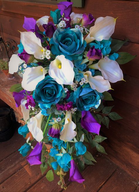 Purple And Teal Flowers, Purple Teal Wedding, Tiffany Blue Flowers, Purple Turquoise Wedding, Teal Bouquet, Purple Calla Lily, Teal Roses, Lily Purple, Lily Silk