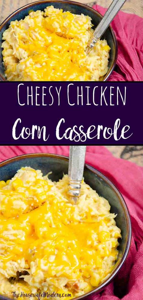 Cheesy Chicken Corn Casserole. Easy slow-cooker meal. It may not look pretty. But it’s so delicious, I almost named it “crack casserole.” #chicken #cheese #casserole #slowcooker #corn Corn Casserole Easy, Sausage Egg And Cheese Casserole, Chicken Corn Casserole, Chicken Cheese Casserole, Egg And Cheese Casserole, Cheese Corn Casserole, Hotdish Recipes, Casserole Chicken, Corn Casserole Recipe