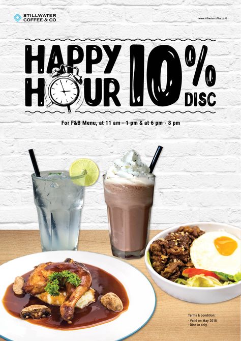 Happy Hour Promo 10% Discount Poster Ad for Stillwater Coffee & Co Restaurant Graphics, Happy Hour Food, Mini Cafe, Food Discount, Cafe Posters, Food Promotion, Purple Food, Happy Hour Drinks, Food Menu Design