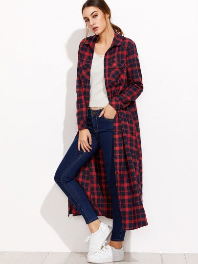 Navy And Red Plaid Pocket Front Maxi Blouse Red Plaid Outfits For Women, Plaid Blouse Outfit, Red Plaid Outfit, Long Shirt Outfits, Flannel Shirt Refashion, Cropped Pants Outfit, Long Shrug, Plaid Shirt Outfits, Lesbian Outfits