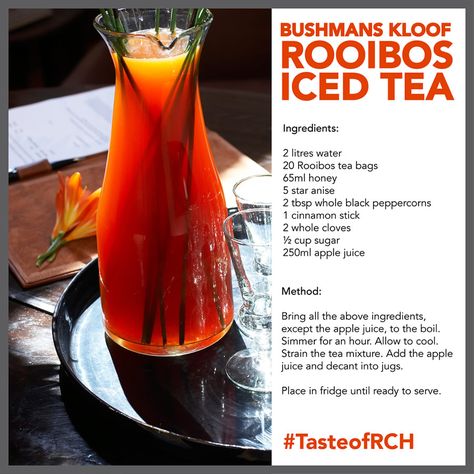 ROOIBOS ICED TEA recipe straight from South Africa. Rooibos Tea Recipes, Rooibos Iced Tea, Iced Tea Recipes Homemade, Caffeine Free Drinks, Cold Brew Iced Tea, Iced Drinks Recipes, Tea Drink Recipes, Drink Recipes Nonalcoholic, Iced Tea Recipes