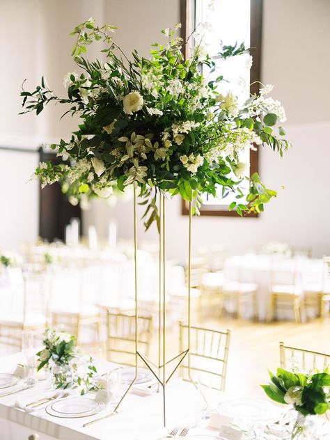 Tall Modern Whimsical Wedding Centerpiece | White & Gold Wedding Whimsical Wedding Centerpiece, Modern Whimsical Wedding, Champagne Centerpiece, Wedding Table Deco, Modern Wedding Centerpieces, Modern Classic Wedding, Classic Wedding Reception, White Wedding Centerpieces, Greenery Wedding Decor