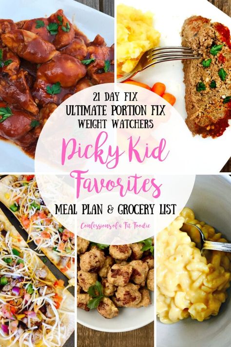 Need a Kid Friendly Meal Plan while you follow the 21 Day Fix or Weight Watchers? Look no further!  These are some of the top picky kid favorites from other readers and also in our house! 21 Day Fix | Ultimate Portion Fix | Weight Watchers | Confessions of a Fit Foodie | Weekly Meal Plan | Picky Kid Dinners | Picky Kid Favorites | Kid Friendly | Kid Friendly Dinners| Meal Plan & Grocery List | Back to School Dinners #21dayfix #kidfriendly #weightwatchers Kid Dinners, Confessions Of A Fit Foodie, Nutrition Inspiration, Healthy Kid Friendly Meals, Dinner Planning, Weight Watchers Meal Plans, Meal Plan Grocery List, 21 Day Fix Meal Plan, School Dinners