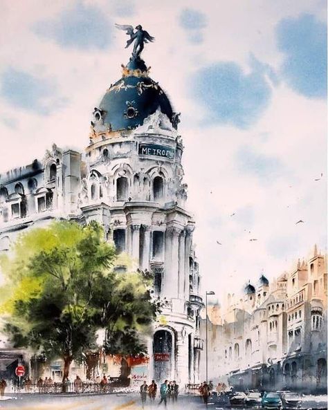 Easy Architecture Sketch, Aquarelle Drawing, Aquarelle Painting, Sketch Watercolor, Watercolor Clouds, Watercolor Blog, Watercolor Architecture, Street Painting, Watercolour Inspiration