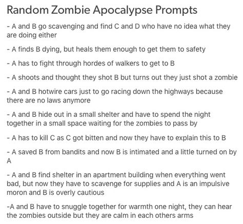 How To Write A Zombie Apocalypse, How To Write An Apocalypse Story, Zombie Writing Ideas, How To Write A Gory Scene, Zombie Apocalypse Au Prompts, Zombie Apocalypse Story Prompts, Infection Au Ideas, Dystopia Prompts, Apocalypse Names