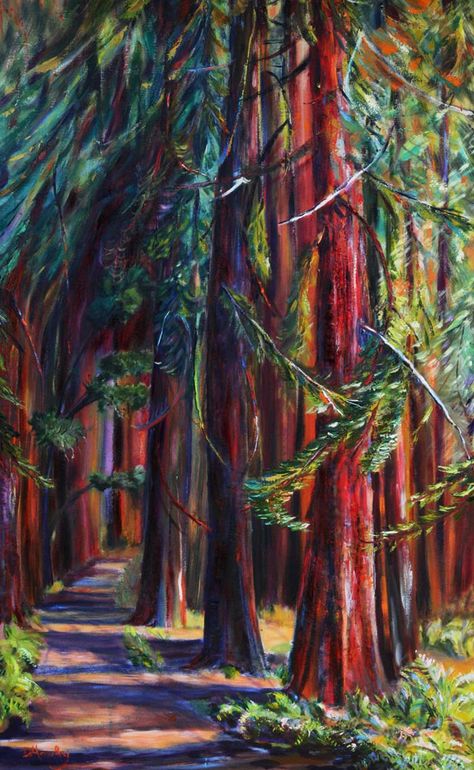 Longing For The Redwoods Redwood Drawing, Redwoods Painting, Redwood Trees Painting, Redwoods Watercolor, Redwood Forest Art, Redwood Forest Fantasy Art, Canvas Painting Projects, Redwood Tree, Landscape Quilts