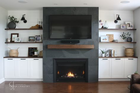 Custom built-ins. Love the floor to ceiling slate and shiplap detail! Built Ins Around Tv, Modern Built Ins, Tv Floating Shelf, Fireplace Shelving, Shelf Under Tv, Floating Shelf Under Tv, Built In Around Fireplace, Tv Mounted, Tv Unit Design Modern