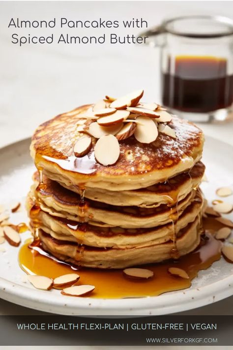 Indulge in the heavenly goodness of Almond Pancakes with Spiced Almond Butter. These pancakes are made with a combination of whole-wheat self-raising flour and almond meal, resulting in a nutty and wholesome flavor. The batter is light and fluffy, thanks to the addition of separated eggs and unsweetened almond milk. Served with a generous dollop of spiced almond butter and a drizzle of maple syrup, these pancakes are a delightful breakfast treat. Almond Flower Pancake, Almond Pancakes, Butter Pancakes, Pancake Toppings, Almond Meal, Honey Almonds, Healthy Breakfasts, Weekend Breakfast, Scrumptious Desserts