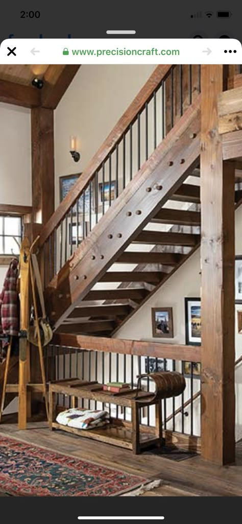 Rustic Open Staircase, Stairs Up And Down, Wrap Around Stairs, Open Staircases, Log Home Staircase Ideas, Log Cabin Stairs, Rustic Railings For Stairs, Cabin Staircase, Rustic Staircase Farmhouse Style