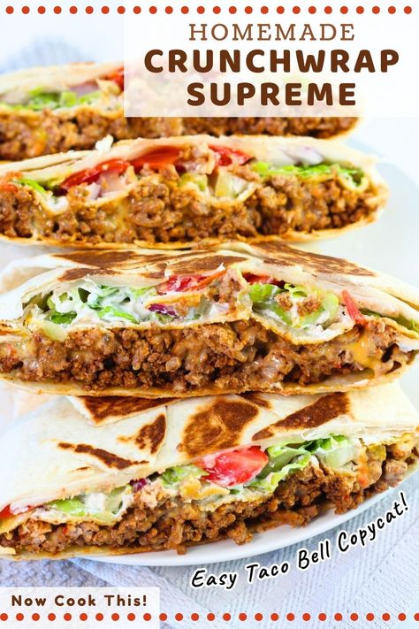 This quick and easy Homemade Crunchwrap Supreme is a copycat version of the Taco Bell classic that I think is even better than the original. Seasoned ground beef, cheese, sour cream, lettuce, onion, tomato, and a crispy corn tostada are wrapped up inside a flour tortilla and then it's cooked until golden brown. Great for a Mexican dinner or lunch and sure to be enjoyed by everyone! Get the recipe and try it! Taco Wrap Recipe Tortillas, Taco Bell Copycat, Homemade Crunchwrap, Tostada Recipes, Crunchwrap Supreme, Crispy Corn, Crispy Tacos, Homemade Crunchwrap Supreme, Flour Tortilla