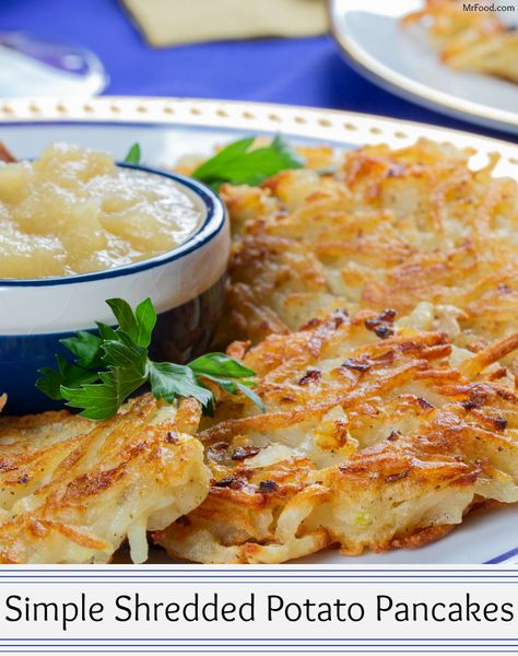 Potato pancakes are a symbolic and scrumptious treat commonly made for Hanukkah. Not only are they super crispy and really tasty, but thanks to the pre-shredded potatoes you can find at your favorite supermarket, these Simple Shredded Potato Pancakes are, well, simple to make!  And, even if you don't celebrate Hanukkah, these easy potato pancakes make a delicious side dish for breakfast or dinner any day of the week! It's a crispy, full-of-flavor way to satisfy your taste buds! Potato Shredded Recipes, Potatoes Pancakes, Potato Pancakes Recipe, Shredded Potato Patties, Potato Cakes Shredded, Shredded Potato Pancakes, Potato Pancakes From Frozen Hashbrowns, Potato Pancakes Shredded Hashbrowns, How To Make Potato Pancakes From Mashed Potatoes