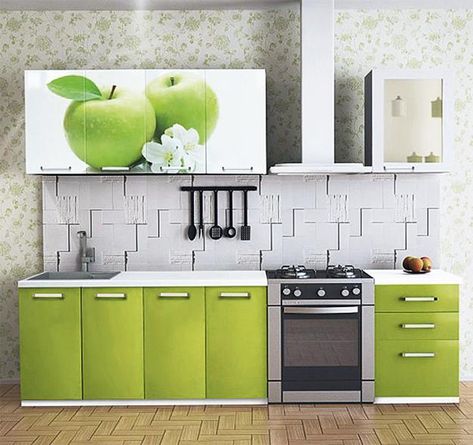 Green Apple Kitchen Decor and Color Inspiration Red Kitchen Appliances, Apple Green Kitchen, Modern Bookshelf Design, Kitchen Paint Ideas, Storage Furniture Design, Contemporary Kitchen Decor, Apple Kitchen, Apple Kitchen Decor, Room Divider Bookcase