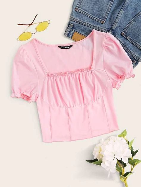 Ruched Bust Top, Latest T Shirt, Pink Pastel, Crop Top Outfits, Hollister Tops, Puff Sleeve Top, Pink Fashion, Cute Tops, Fashion Online Shop