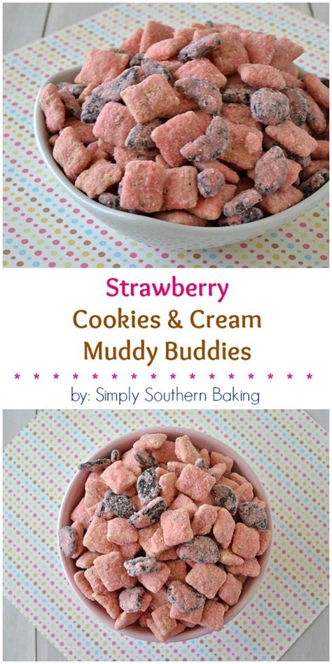 Strawberry Cookies & Cream Muddy Buddies Dehydrated Marshmallows, Cereal Party, Chex Recipes, Chex Mix Puppy Chow, Nut Free Snacks, Muddy Buddy, Canned Strawberries, Snack Mixes, Meal Inspiration