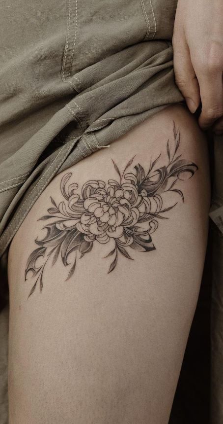 Chrysanthemum Side Tattoo, Crysanthemum Tattoo Thigh, Chrysanthemum Leg Tattoo, Chrysanthemum Rib Tattoo, Chrysanthemum Arm Tattoo, Chrysanthemum Flower Tattoos, Chrisanthiums Flower Tattoo Design, Chrysanthemum Tattoo Hip, Chrysanthemum Tattoo Ideas