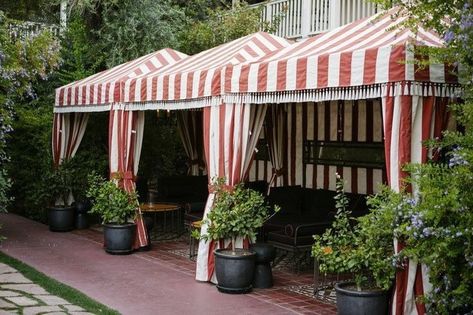 Striped Cabana, Palm Royale, Pool Cabanas, Outdoor Cabana, Terrace Restaurant, Modern Colonial, Tent Awning, Outdoor Living Rooms, Tent Design