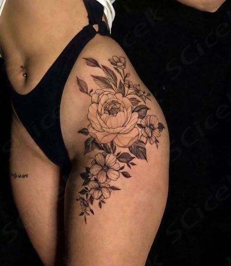 Large Female Thigh Tattoos, Side Hip Tattoos Women Flowers, Unique Hip Tattoos, Thigh Tats, Floral Hip Tattoo, Flower Hip Tattoos, Glow Tattoo, Side Hip Tattoos, Side Tattoos Women