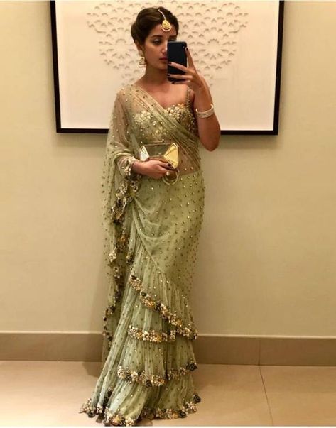 Beautiful Bollywood Collection - Green Color Premium Net Ruffle Saree Modern Saree, Ruffle Saree, Patiala Salwar, Saree Design, Ghagra Choli, Saree Trends, Elegant Saree, Desi Wedding, Stylish Sarees